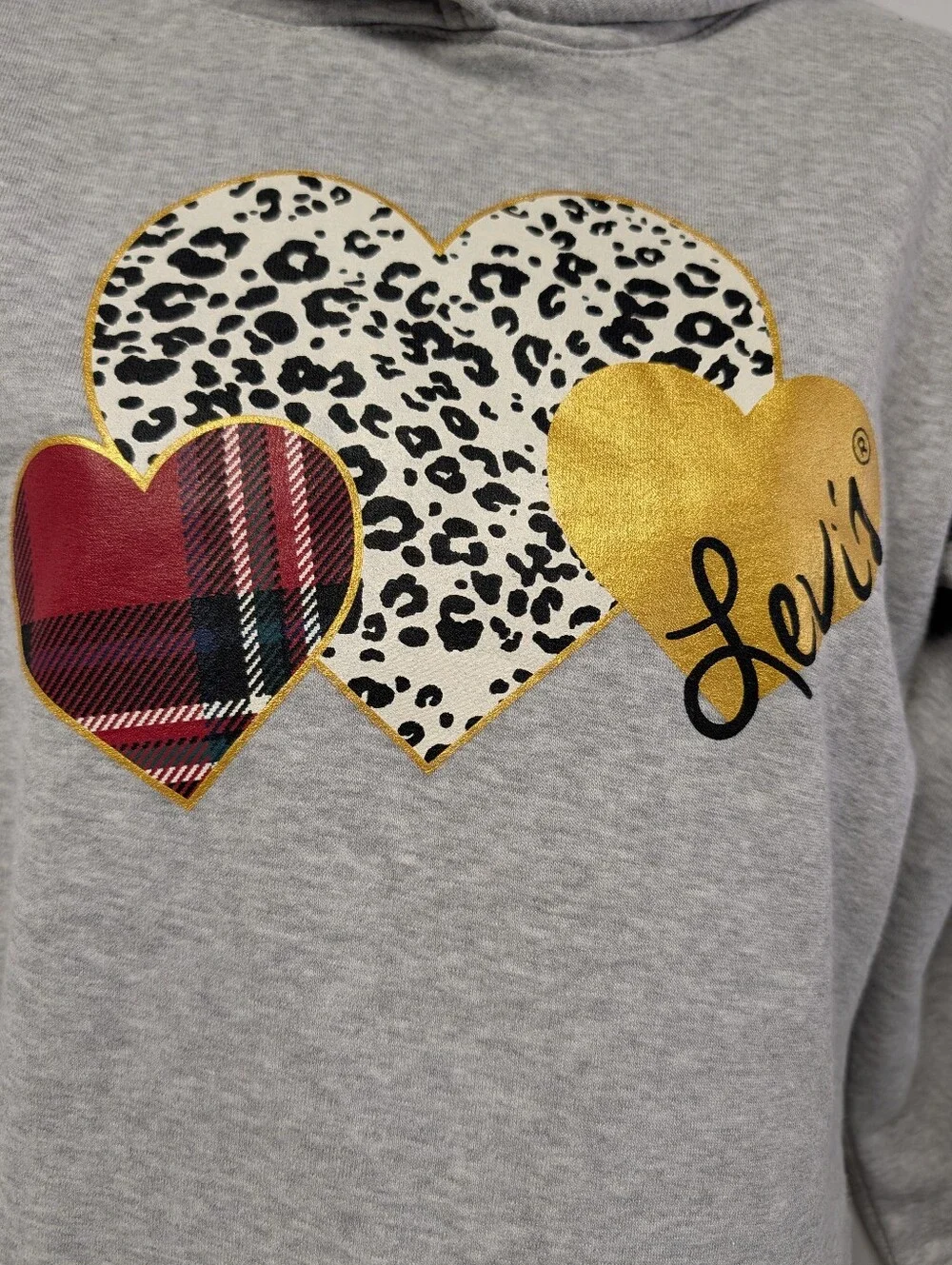 Levi’s Girls Gray Cropped Hoodie Hearts Leopard Plaid Size L NWT